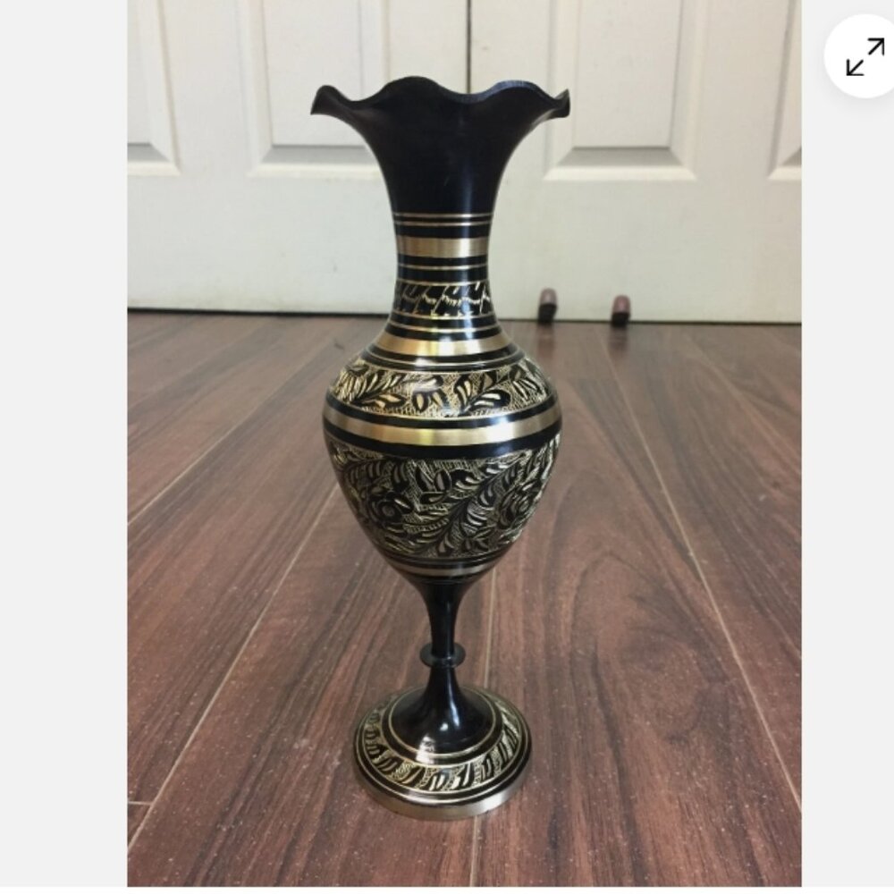 Vintage Black Gold Metal 10" Vase Flowers Leaves Etched Hand Crafted